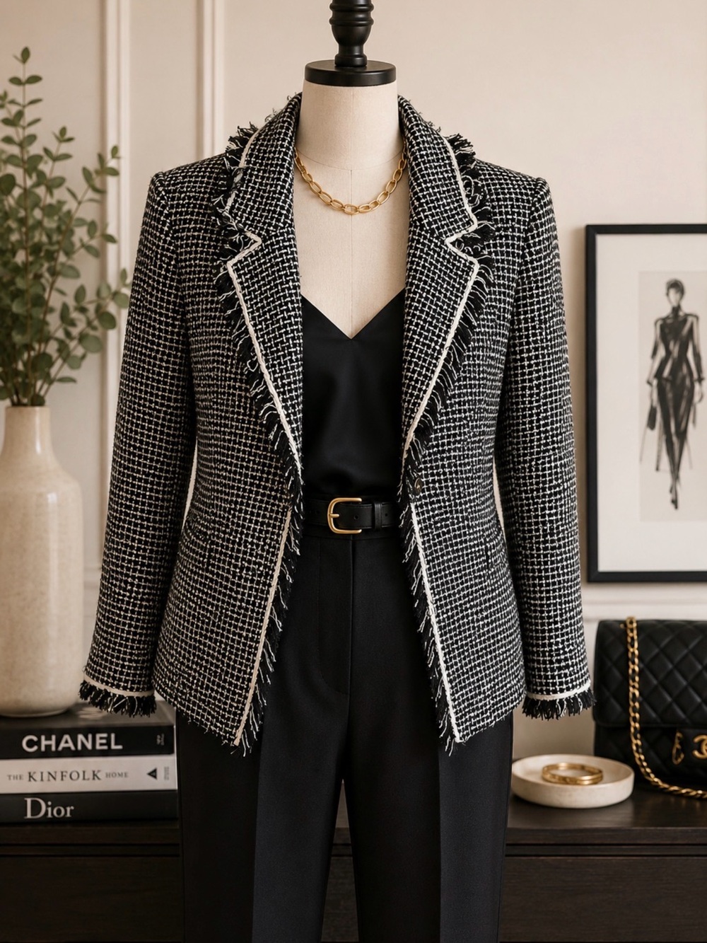 Anthracite Black & White Fringe-Trim Tweed Blazer 14